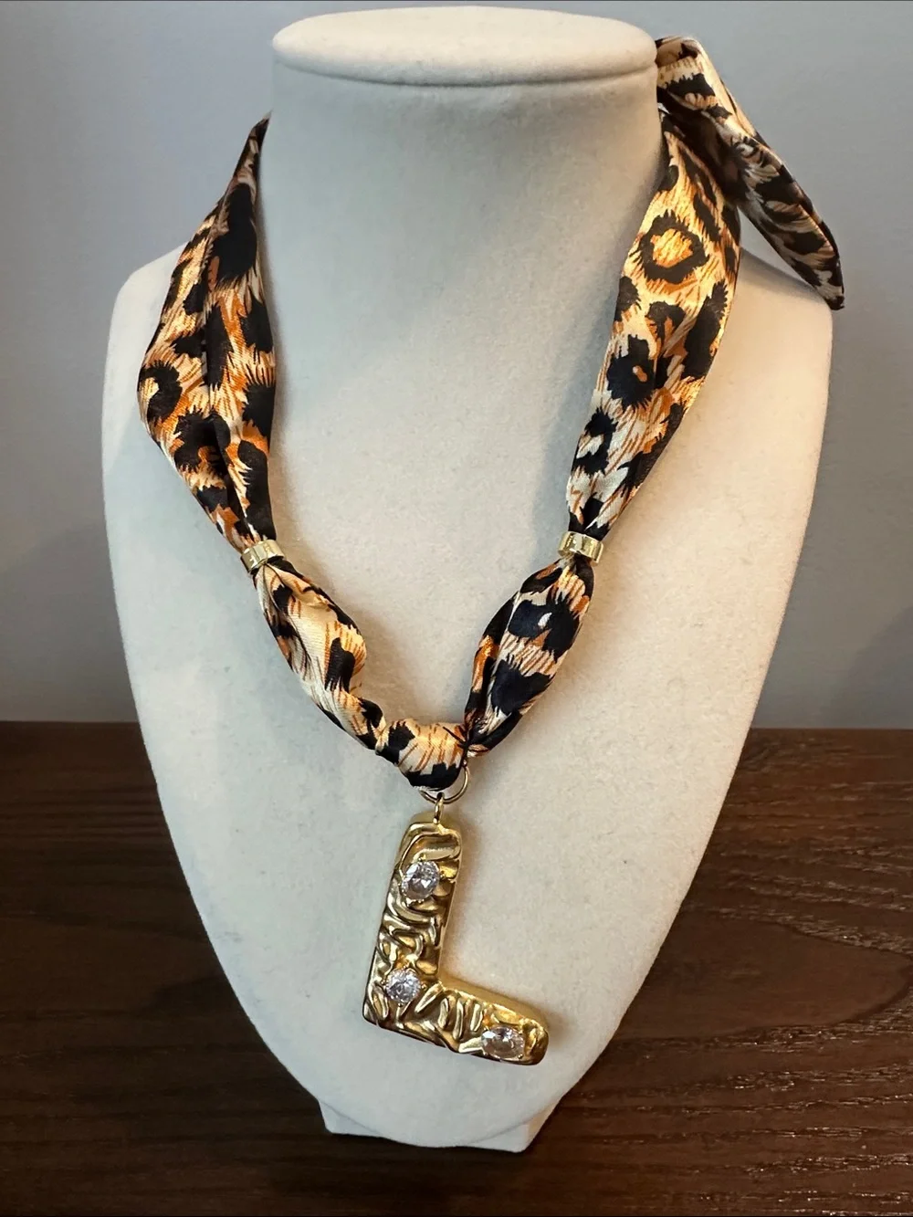 Gold Letter L Pendant Scarf Necklace in Black and Tan Leopard